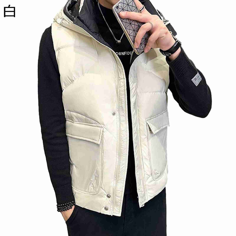 メンズ ダウンベスト フード付き 大きいサイズ アヒル羽毛 防寒 兜布口袋 5XL ボタン付き フルジップ ラージポケット 無袖 ダウン入れ 暖かい 柔軟 撥水加工 チョッキ アウター 日常 秋 冬