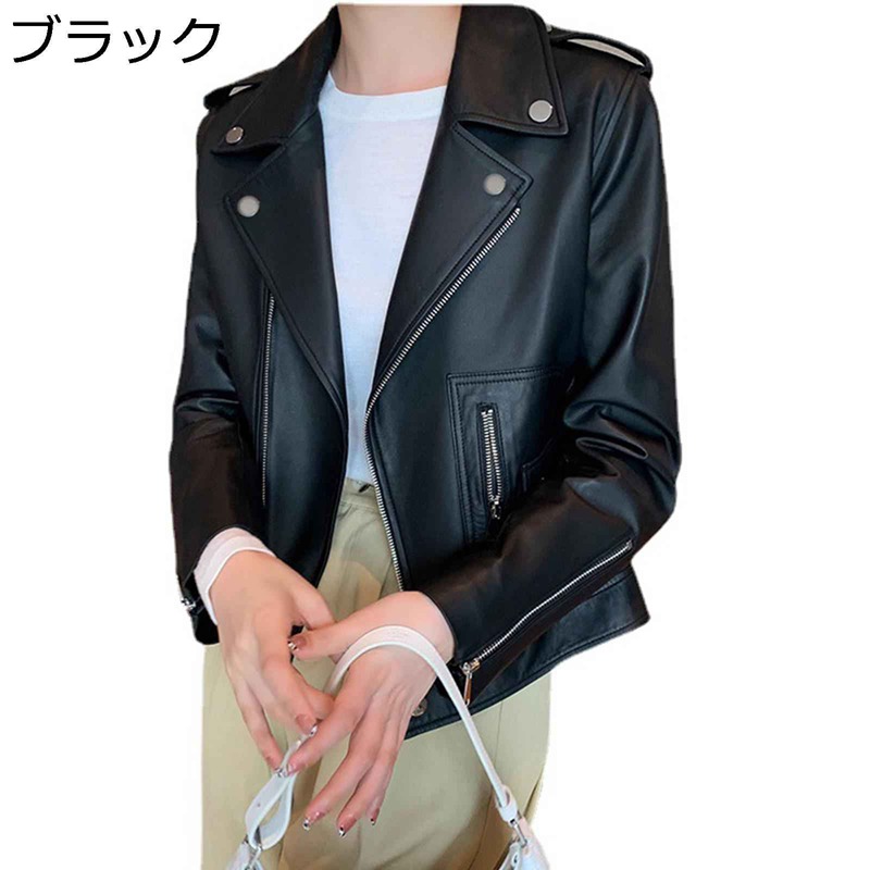 シープスキン なめし革上衣 ライダース なめし革前掛け レディース 子ヒツジ革 長袖 非対称的ファスナー 遊撃手 L-2XL ダブル色合い モト上衣 年月冬 防寒 防風 自動二輪車用 上衣