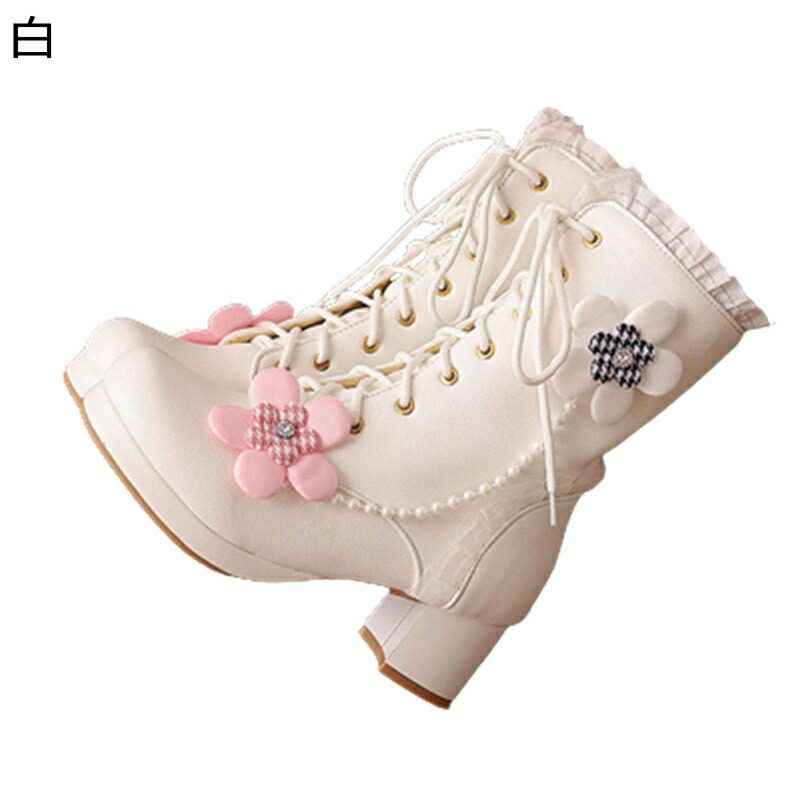 編み上げ ショートブーツ ブーティ ミドルヒール5.5cm 姫系 ロリータ レースフリル 立体花飾り パールチェイン エレガント かわいい 秋冬 通気 ファッション おしゃれ 大きいサイズ