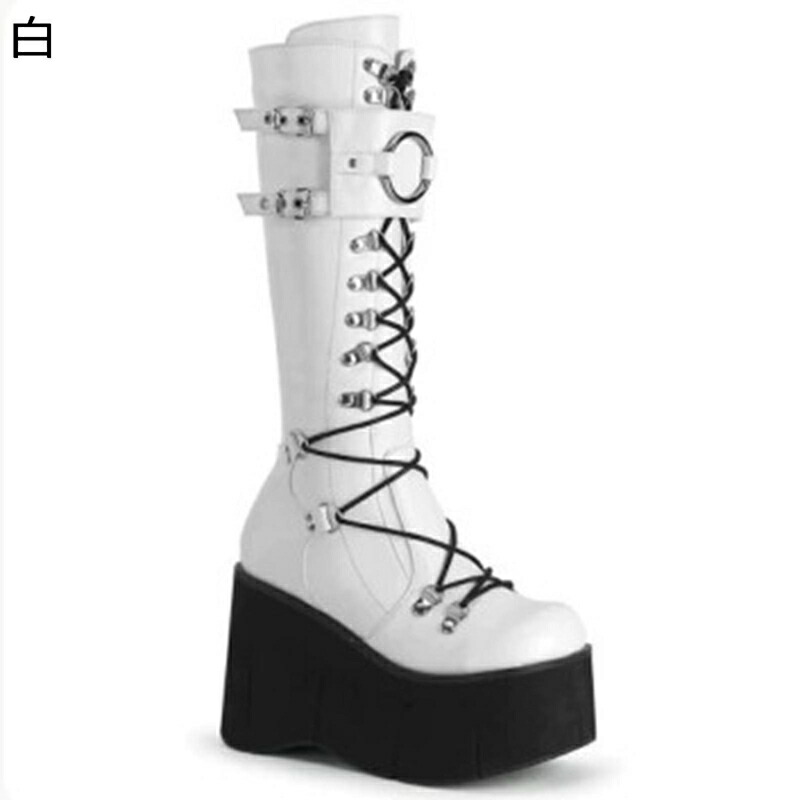 22.5-28.0cm ロングブーツ 大きいサイズ レディース 編み上げ ハイヒール モンクストラップ ベルト 秋 冬 ウェッジヒール 身長アップ ラウンドトゥ ジッパー 原宿 ギャル 欧米風 夜店｜感謝マーケット