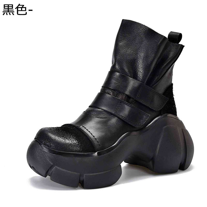 厚底ブーツ レディース 本革 ショートブーツ プラットフォーム ベルクロ ハイカット シンプル 脚長 秋冬 レトロ アンクルブーツ 歩きやすい 定番 防滑 ソフト クラシック アメカジ 通勤 通学 OL デート