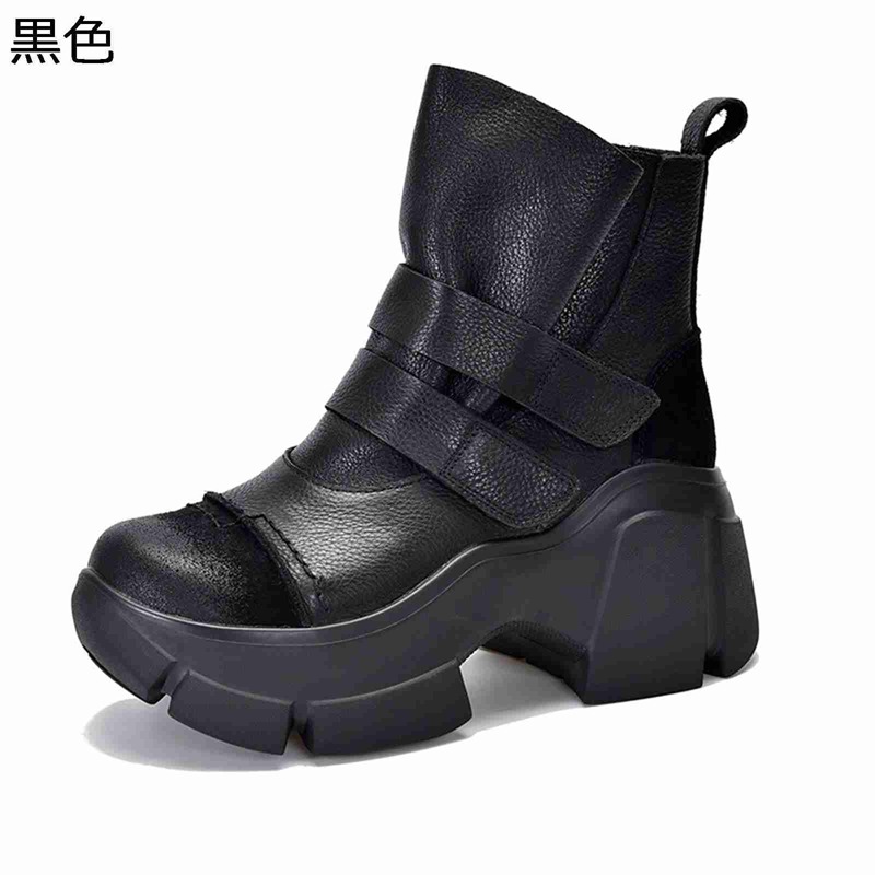 厚底ブーツ 本革 ショートブーツ レディース 袴用ブーツ 秋冬春 ベルクロ ハイカット 足細 細身 着脱簡単 滑り止め ソフト 疲れない 柔らかい 可愛い ファッション 短靴 大きい パンク ハロウィン 旅行｜感謝マーケット