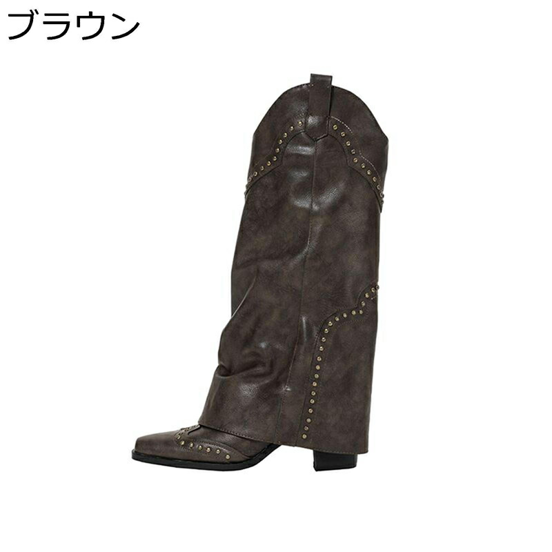 ウエスタンブーツ 本革 レディース ロングブーツ ポインテッドトゥ チャンキーヒール ナイト爵ブーツ リベット ヴィンテージ 乗り尻ブーツ ゆったり ハイヒール 流行り物系 今めかしい 秋冬 ブーツ