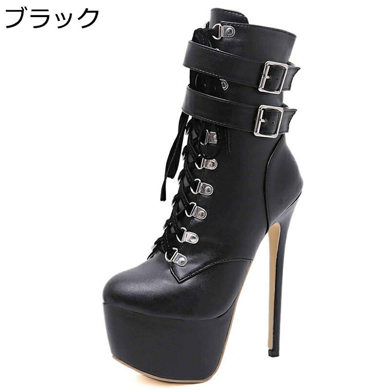 ブーツ ハイヒール 16.5cm レディース ショットブーツ プラットフォーム ピンヒール 厚底ブーツ ブーティ レースアップ パンク ロックバックル ゴシック スチームパンク コスプレ モード系