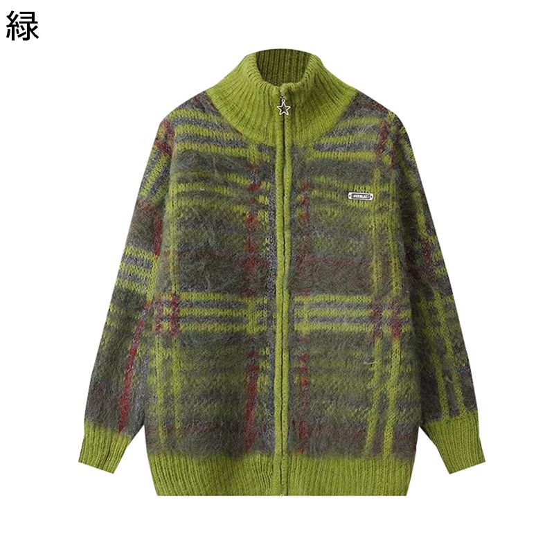 カーディガン ニット 格子 チェック ポケット 重ね着 レディース アウター 長袖 丸首 秋冬 セーター スウェット もこもこ 厚手 暖かい コート 羽織り トップス トレンド ゆったり エレガント