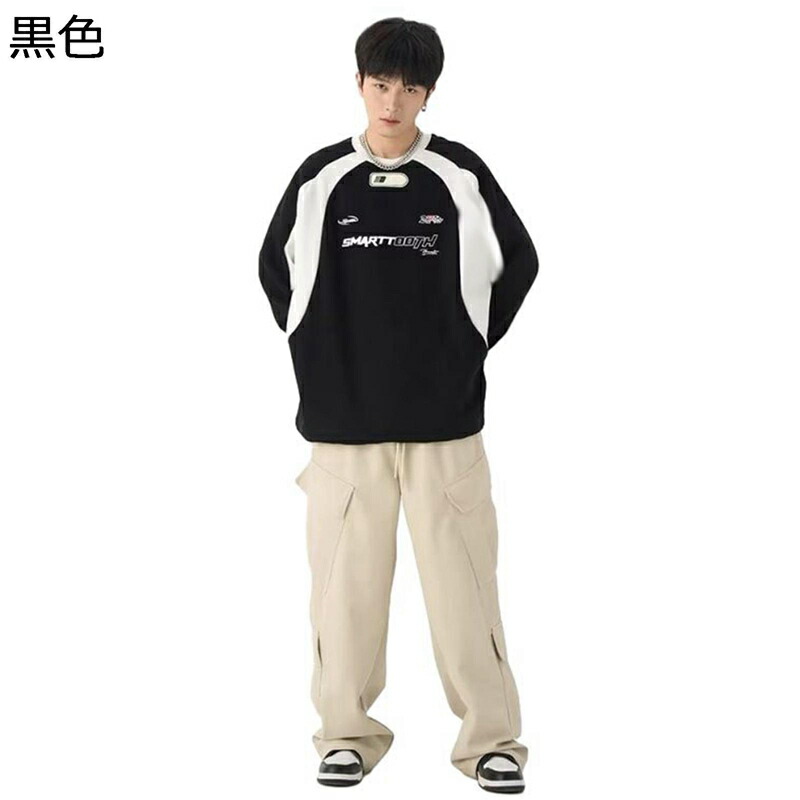 トレーナー ロングtシャツ メンズ 秋冬 長袖 カットソー ラウンドネック 切り替え プルオーバー スウェット ゆったり 個性的 パーカー 軽い 柔らかい アメカジ 部屋着 普段着 贈り物 原宿系 アウター