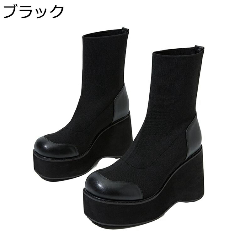 ショートブーツ 厚底 レディース 大きいサイズ ストレッチブーツ 9CMヒール スリッポン プラットフォーム 滑り止め ウェッジソール カジュアル スエード 通学通勤 柔らかい フェミニン