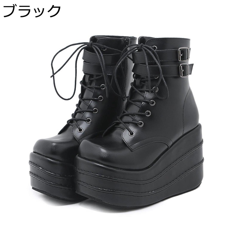 厚底 大きいサイズ ショートブーツ レディース ハイヒール 13.5CMヒール サイドジップ レースアップ プラットフォーム バックル付き 秋冬 ウール 身長アップ ウェッジソール 通勤 通学 防滑