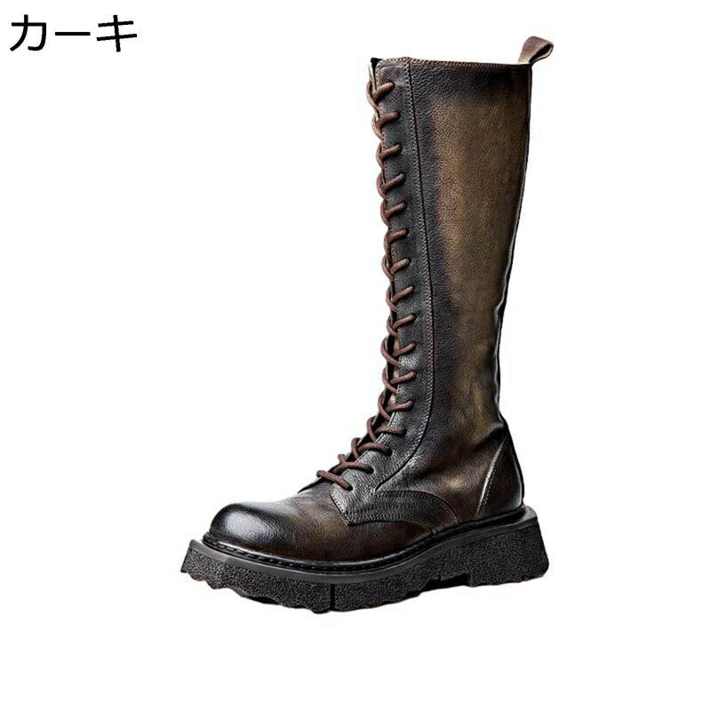 ロングブーツ 本革 ジョッキーブーツ メンズ 編み上げ レザー ワークブーツ ?士靴 厚底 コンフォート ウェスタンブーツ 男性用 カジュアル アウトドア 防滑 サイドジップ 簡単脱着 ヴィンテージ調 ライダー｜感謝マーケット