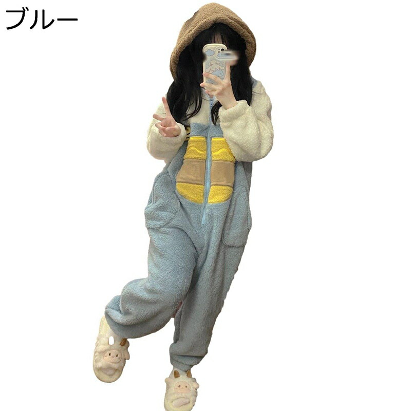 レディース モコモコルームウェア 4xl 着ぐるみパジャマ ミツバチ 前開き おおきいサイズ 秋冬向き オールインワン 寢巻き ボアフリース フランネル ジッパー式 フード付き 暖かい かわいい ブルー