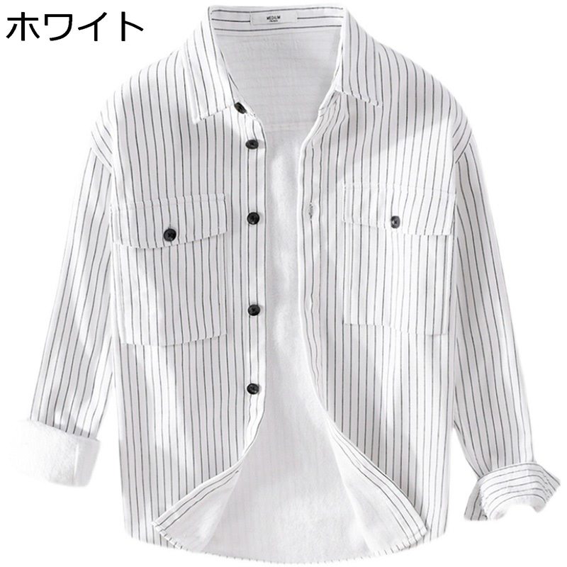 シャツ メンズ ストライプシャツ 保温シャツ 冬用シャツ 大きいサイズ 耐久性 和風 レトロ 暖かい 防寒 裏起毛 厚手 長袖 開襟 胸ポケット 秋冬 通勤 通学 ビジネス カジュアル トップス|感謝マーケット