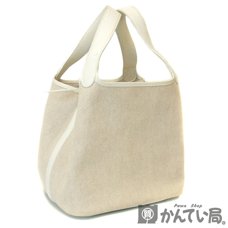04年製 Hermes エルメス キャンバス レザー Mm ピコタン 04年製 レディース トートバッグ シルバー金具 シルバー金具 H刻 トワルアッシュ トリヨンクレマンス ベージュ ホワイト Used A 質屋かんてい局名古屋西店 ハンドバッグ トートバッグ かんてい