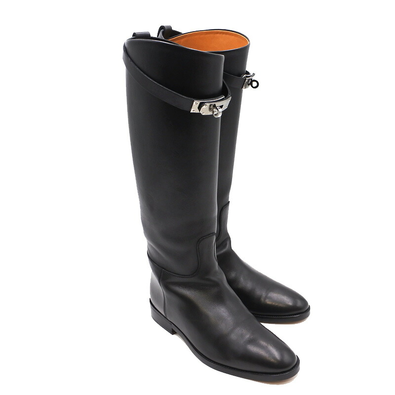 HERMES【エルメス】ブーツ ジャンピング 黒いこと NOIR ボックスカーフ なめし革 ロングブーツ レディース【中古】USED-A