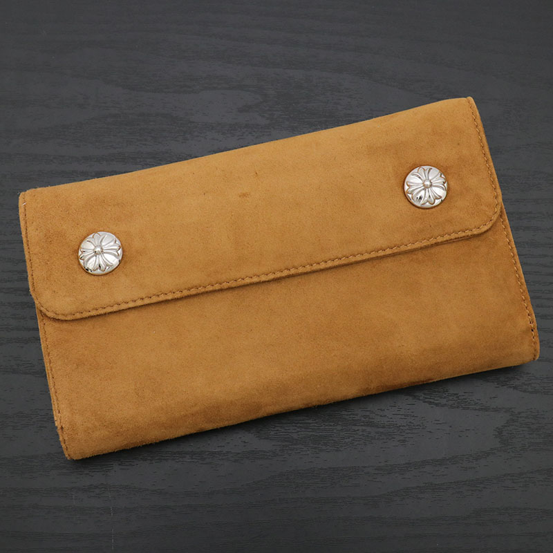 クロムハーツ【CHROMEHEARTS】【未当て嵌める品】【ロジウム工業】ウェーブウォレット/はりつけ台名取り草/長金入れ/三つ折り金入れ/スエードクロス/駱駝【中古】141273