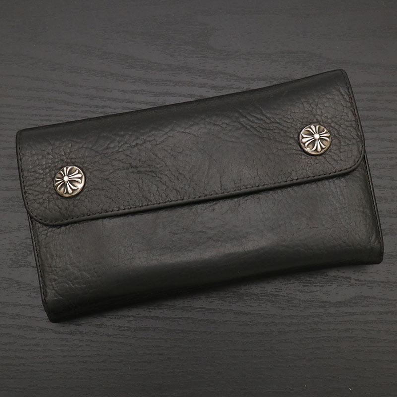 クロムハーツ【CHROMEHEARTS】ウェーブウォレット/三つ折り金入れ/長金入れ/はりつけ台名取り草/黒いこと【中古】141949