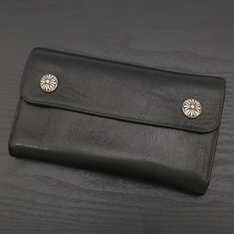 クロムハーツ【CHROMEHEARTS】ウェーブウォレット/三つ折り金入れ/長金入れ/はりつけ台名取り草/黒いこと【中古】142402