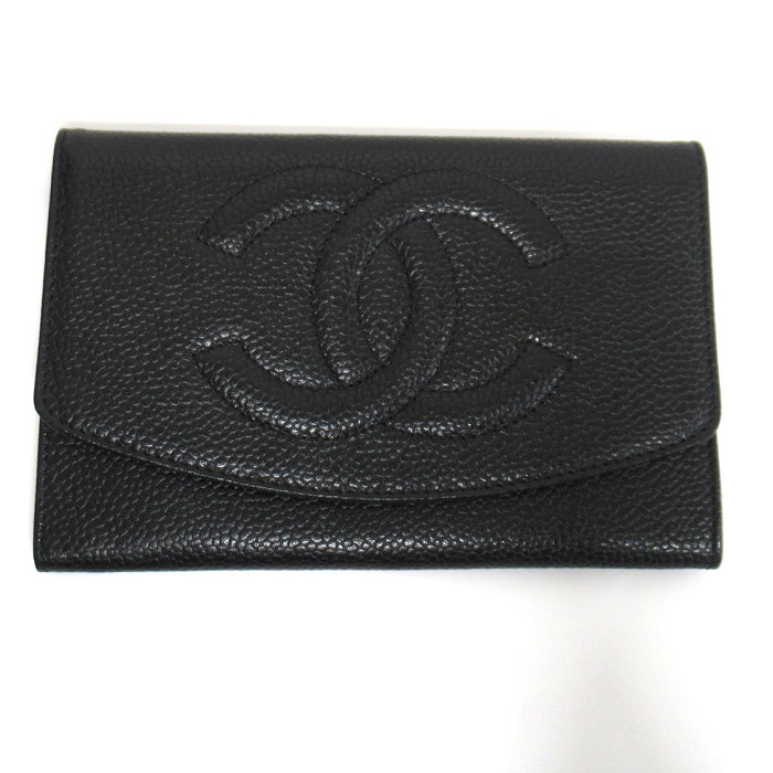 【中古】 ＣＨＡＮＥＬ シャネル コンパクトウォレット ココマーク キャビア人はだ 黒 黒いこと【楽ギフ_荷拵えより分ける】