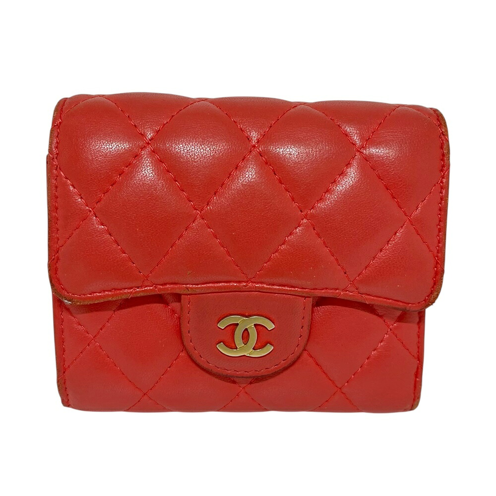 CHANEL【シャネル】コンパクトウォレット 子ヒツジ人はだ さくら色赤いこと 紙入れ 折りたたみ紙入れ ココマーク 【中古】 USED- 一六銀行 かんてい局 加古川店 A25-1760 008