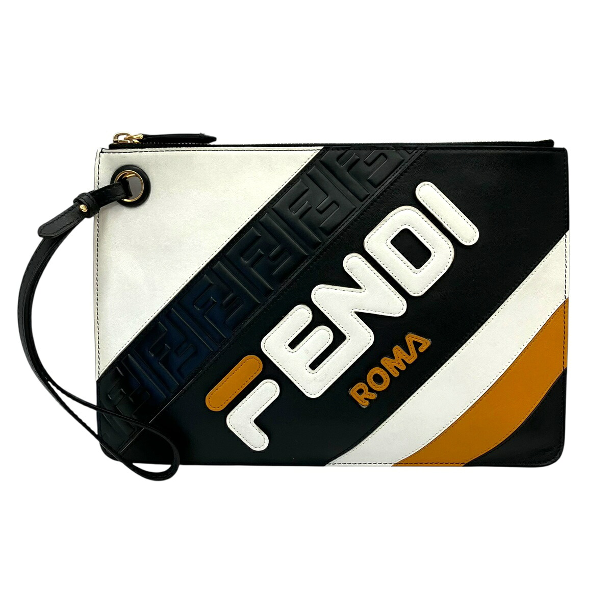 【中古】｜FENDI フェンディ 8BS021 A5S1 フェンディマニア クラッチペダル御徒面子 FILA フィラコラボ モノクローム FENDI ROMA なめし革 メンズ レディース