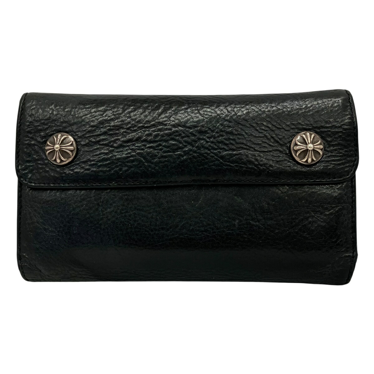 【中古】｜CHROME HEARTS クロムハーツ WAVE ウェーブ レザーウォレット クロスボールボタン 財布 シルバー ブラック メンズ｜質屋かんてい局市川インター店