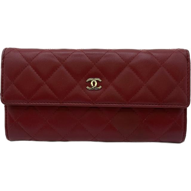 【中古】｜CHANEL シャネル A50096 ジッパー付長紙入れ 子ヒツジ人はだ マトラッセ 赤 レディース