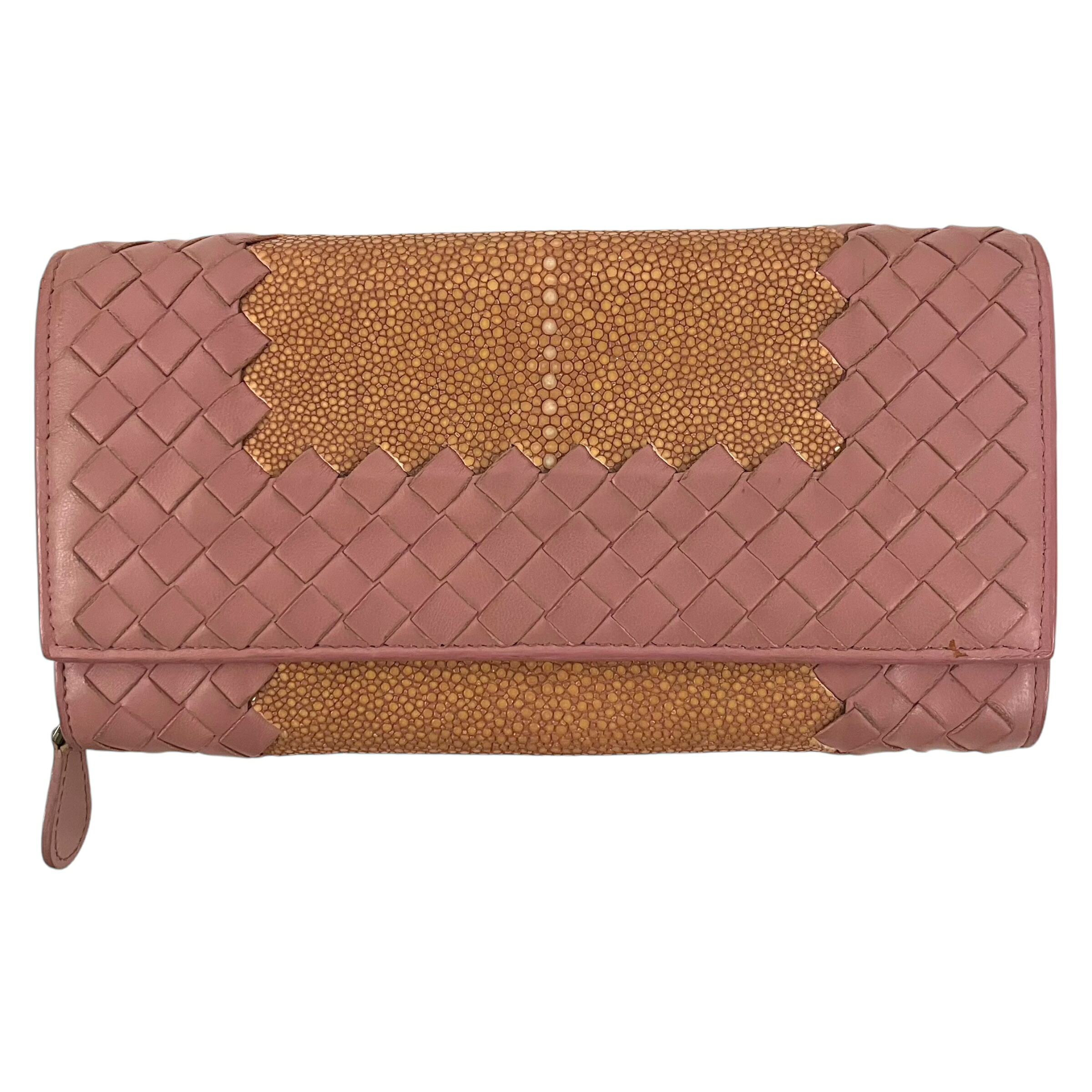 【中古】｜BOTTEGA VENETA  ボッテガヴェネタ イントレチャート 長紙入れ サクラ色 なめし革 スティング花の冠 エイ革 レディース