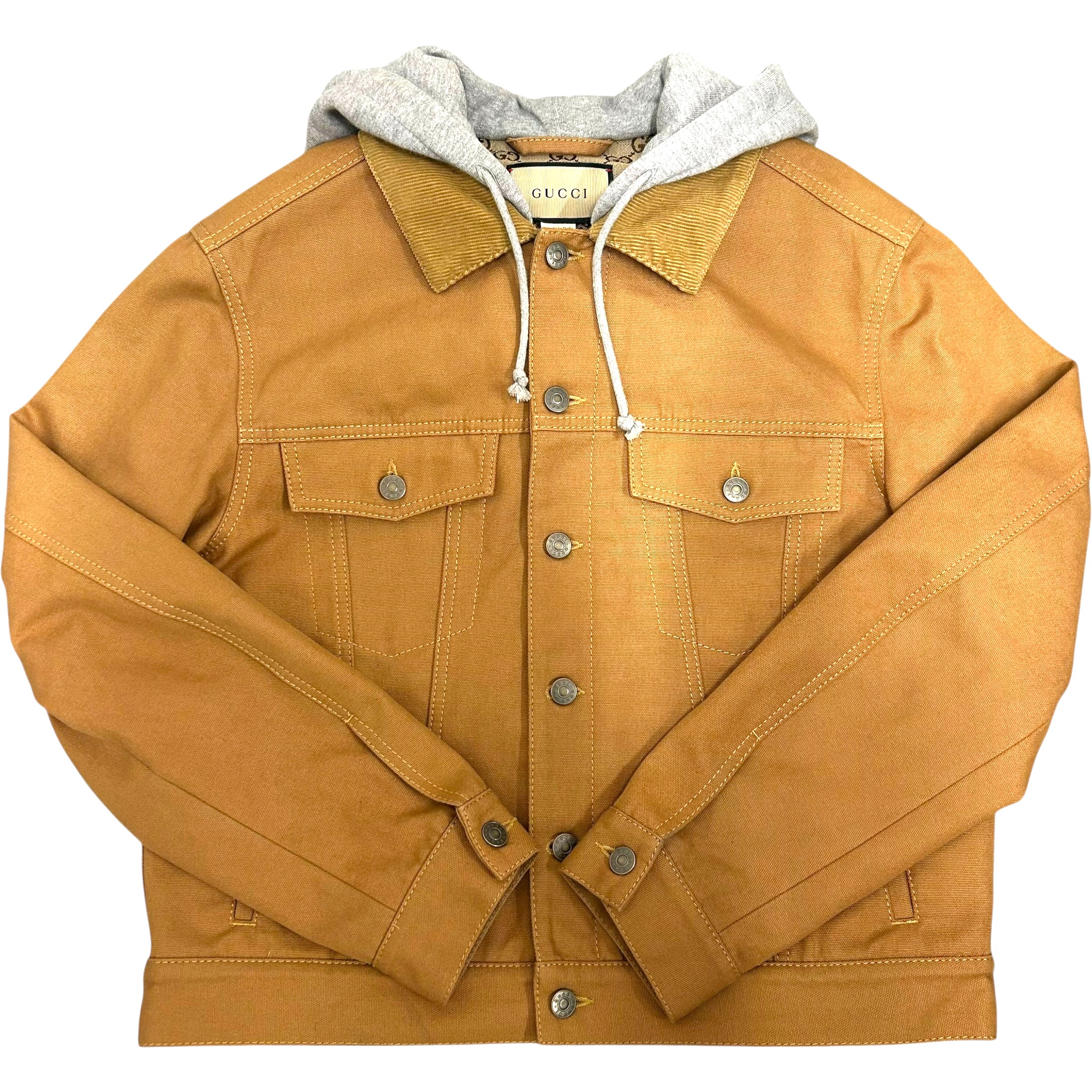 【中古】｜GUCCI グッチ  GG インターロッキング フーデッド ジーンズ 上衣 大きさ46 裏地GG帆布  赤銅色系 汗水 713883