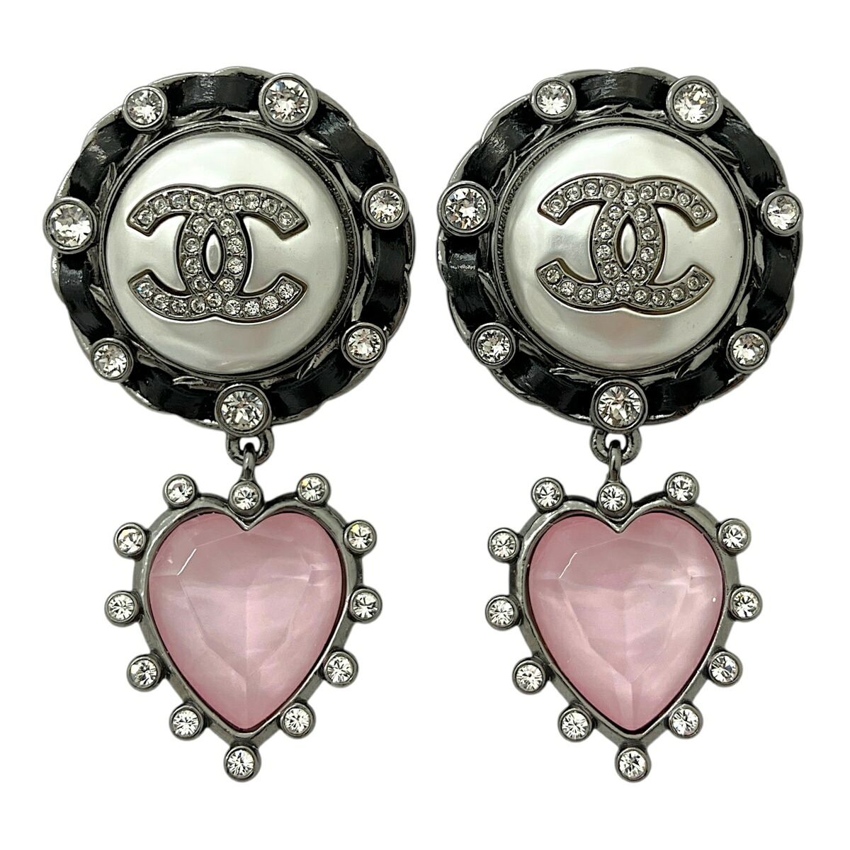 【中古】|CHANEL シャネル A21A ココラウンド ハートストーンピアス ラインストーン シルバー系 イヤリング レディース アクセサリー|質屋かんてい局市川インター店