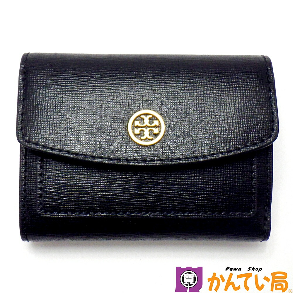 美品 トリーバーチ 三つ折り財布 ブラック レザー 美品】トリーバーチ 三つ折り財布 レザー 黒 ブラック ゴールド