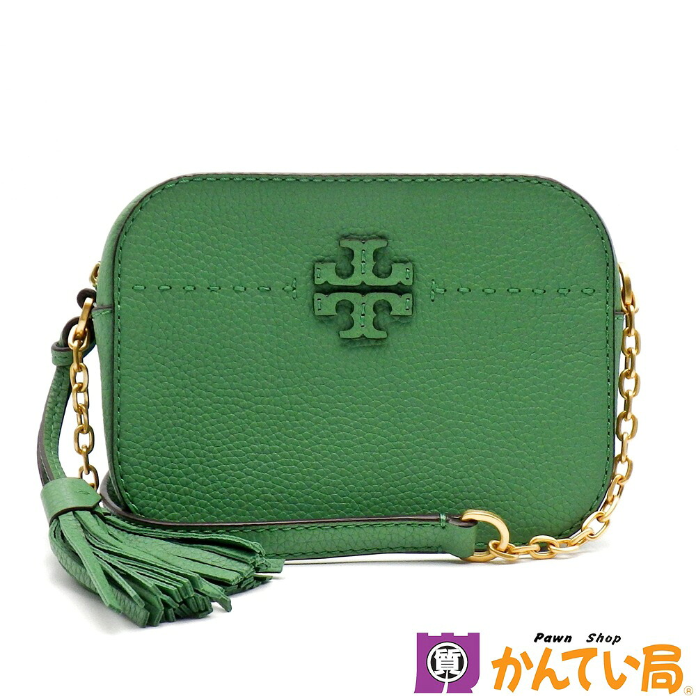 TORY BURCH トリーバーチ 50584 マックグロー 写真機御徒面子 ショルダーバッグ なめし革 緑であること ゴールド金具 チェーン店 タッセル レディース 曲がった掛け B25-2356