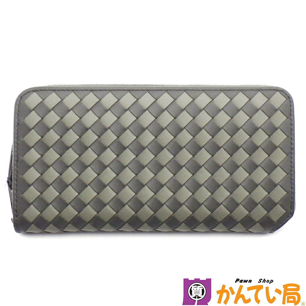 BOTTEGA VENETA ボッテガ ヴェネタ 814680 イントレチャート ピッコロ ジップアラウンドウォレット ラウンドジッパー長紙入れ ラピリ/ドリズル 薄墨色系 カーフレザー メンズ 中古 B26-81