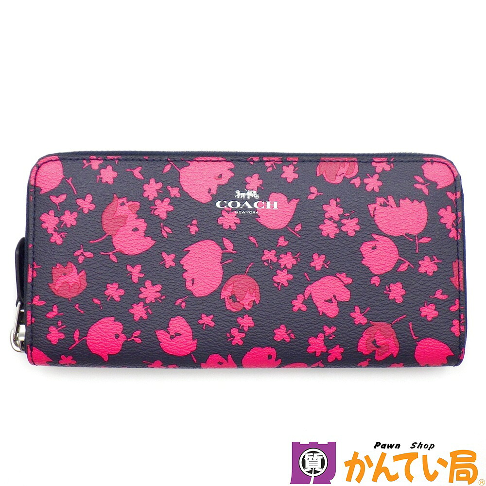 COACH　コーチ　F56733　プレーリーキャリコフローラル　ラウンドファスナー長財布　ブラック×ピンク　コーテッドキャンバス　シルバー金具　レディース　中古　B25-2015