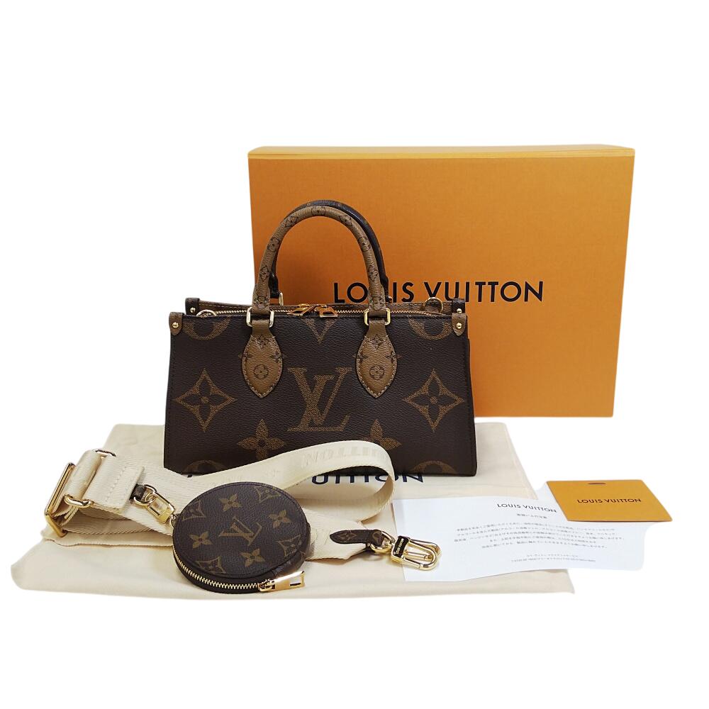 【美品】LOUISVUITTONルイヴィトンM46653オンザゴーEWモノグラム･リバースキャンバスモノグラム･ジャイアントキャンバスレザーブラウンゴールド金具ダブルファスナー開閉式コインケースストラップB25-614