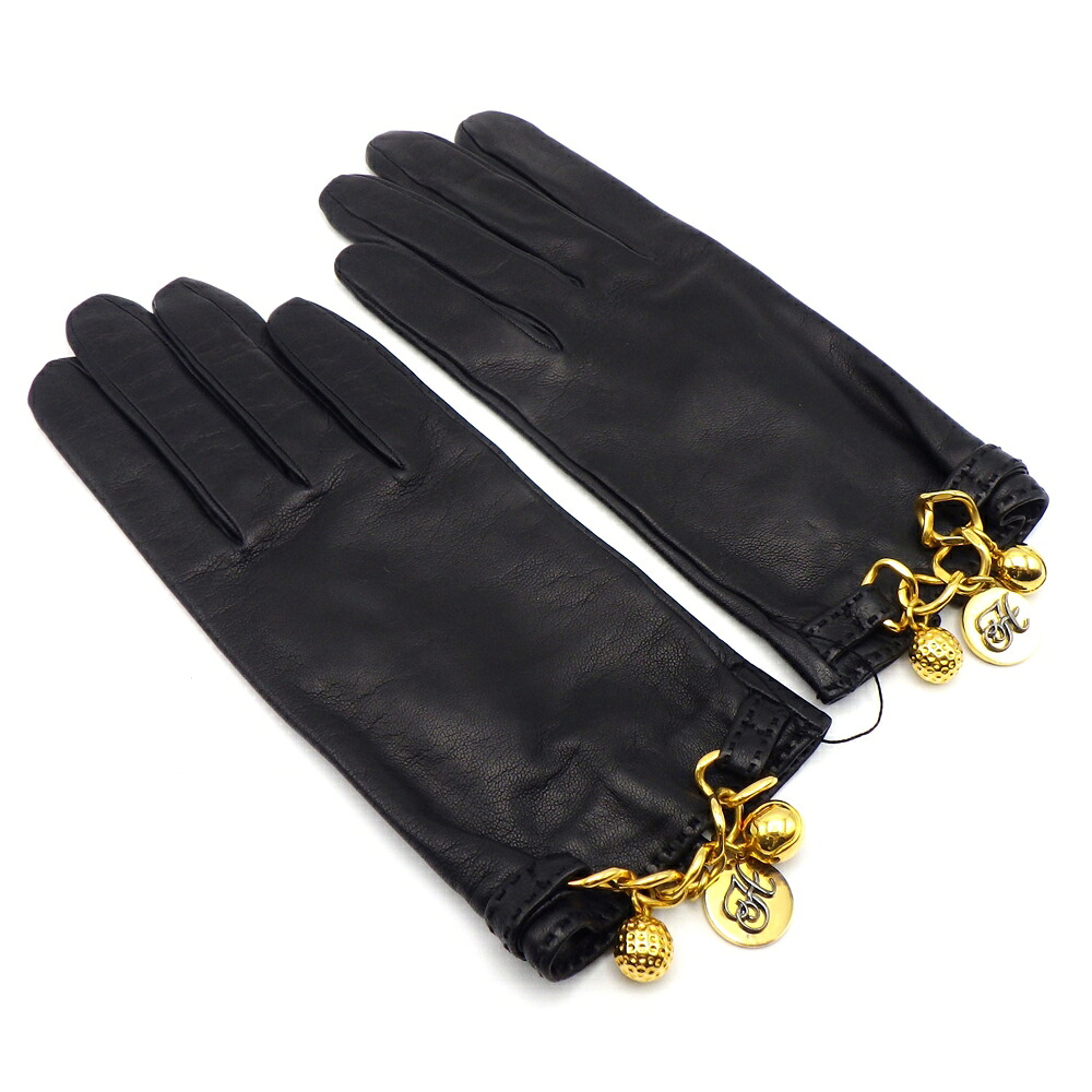 【エルメス】 惹きつける付き添い人 なめし革地球儀 黒いこと ゴールド金具 大きさ 7 1/2 グローブ レディース フランス共和国製 箱付き添い人 HERMES