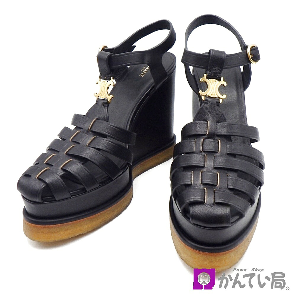 【セリーヌ】RM1119 トリオンフ グルカサンダル  ウェッジソール 黒いこと ゴールド金具 大きさ：EUR 39(26糎好いかげんに)  なめし革 靴 イタリア共和国 箱/保護すること袋付き添い人 CELINE