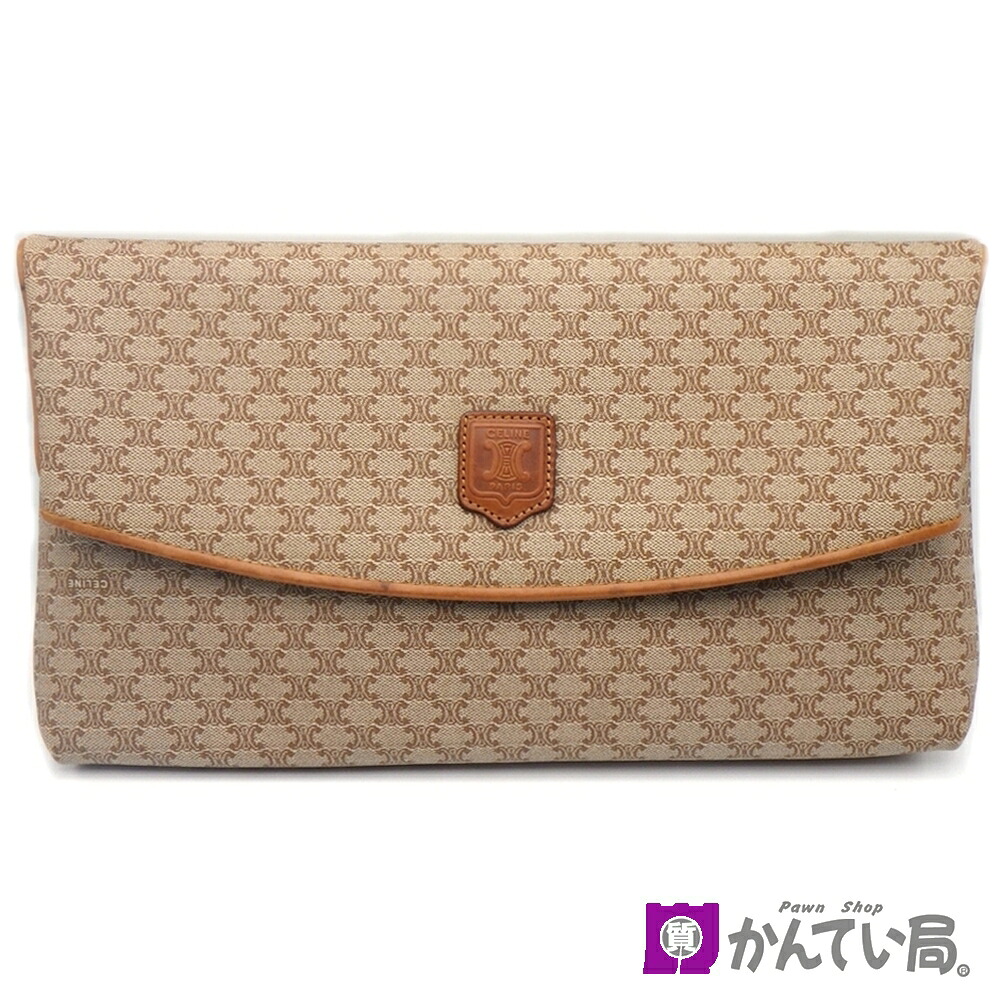 【セリーヌ】ヴィンテージ 二つ折りクラッチバッグ マカダム柄 ベージュ×ブラウン レザー ゴールド金具 トリオンフ ロゴ オールドセリーヌ 鞄 保存袋付き CELINE