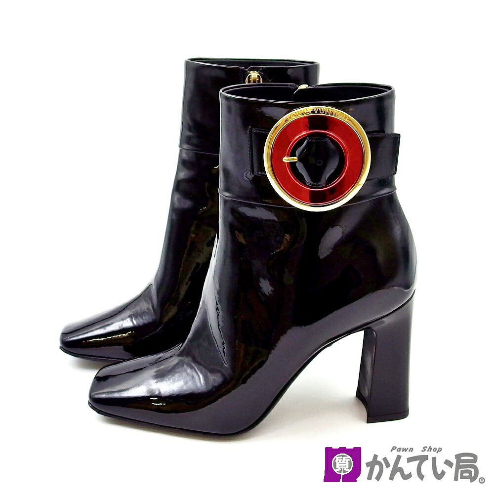 【ルイヴィトン】パテントレザー ショートブーツ 表記サイズ：36（23cm） ブラック系 エナメル レディース 靴 冊子/保存袋/箱付き LOUIS VUITTON