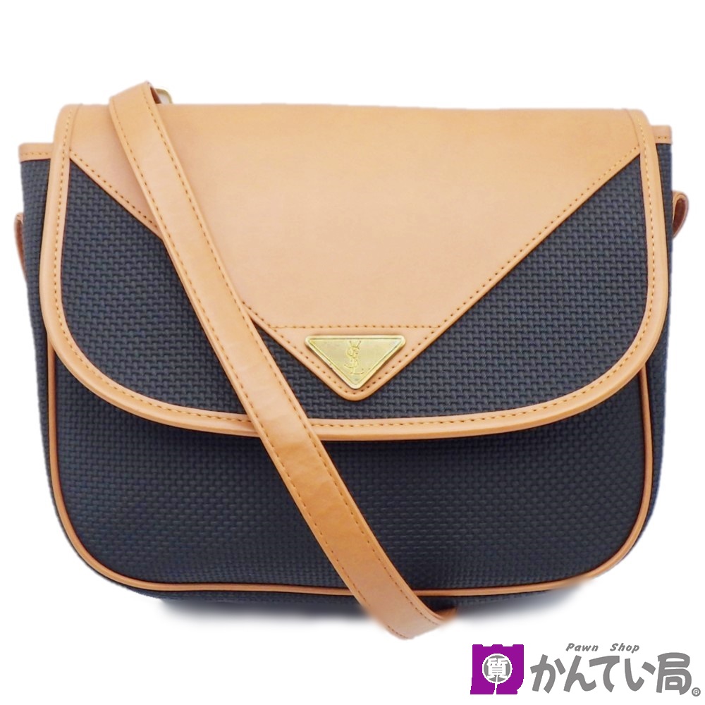 【イヴサンローラン】 ヴィンテージ ショルダーバッグ クロスボディ 斜め掛け PVC ブラック ブラウン ロゴプレート YVES SAIN LAURENT