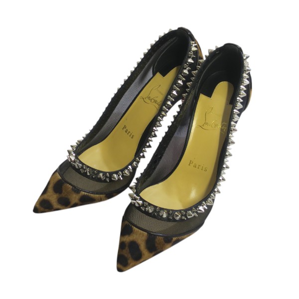Christian Louboutin クリスチャン ルブタン レオパード ハラコ スタッズ ヒール パンプス #35 1/2 約22.5cm 【送料無料】【質屋かんてい局横浜港南店】 中古品 used AB