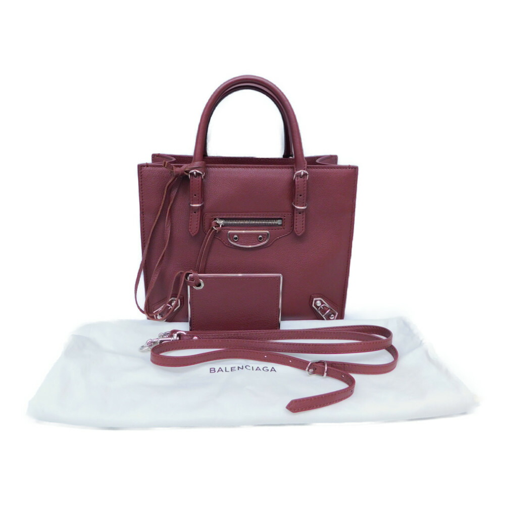 【ミラー付き】BALENCIAGAバレンシアガペーパーミニ387477ハンドバッグショールダー付き2WAYレザー茶系あずき色人気コンパクトレディースギフトラッピングプレゼント包装可【中古】新居浜店