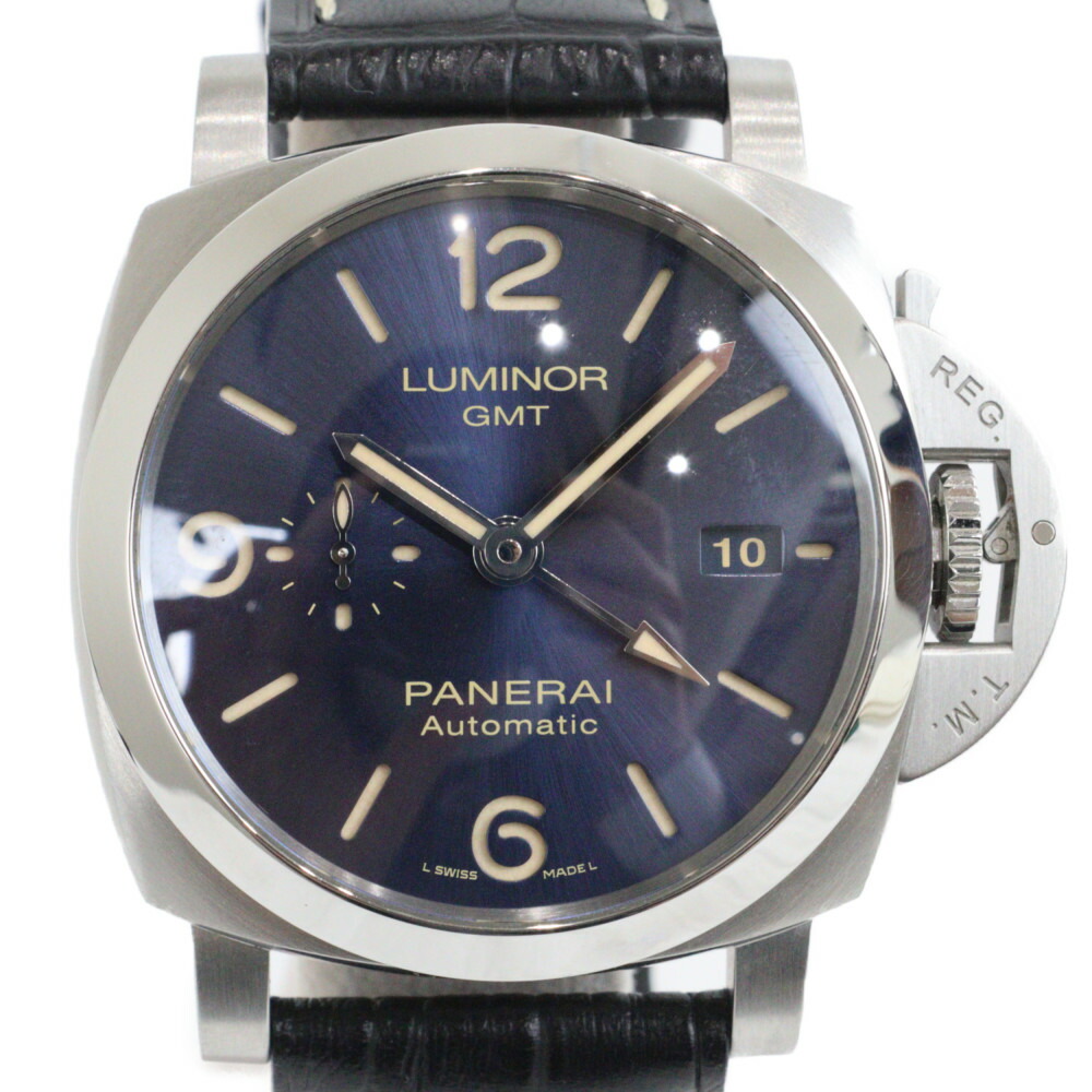 【替えベルト2本付き】OFFICINE PANERAI オフィチーネ パネライ　ルミノール　GMT　44ｍｍ　PAM01033　自動巻き　デイト　スモールセコンド　SS　革ベルト　ラバー　ブルー　ブラック　メンズ　腕時計【中古】松山朝生田店