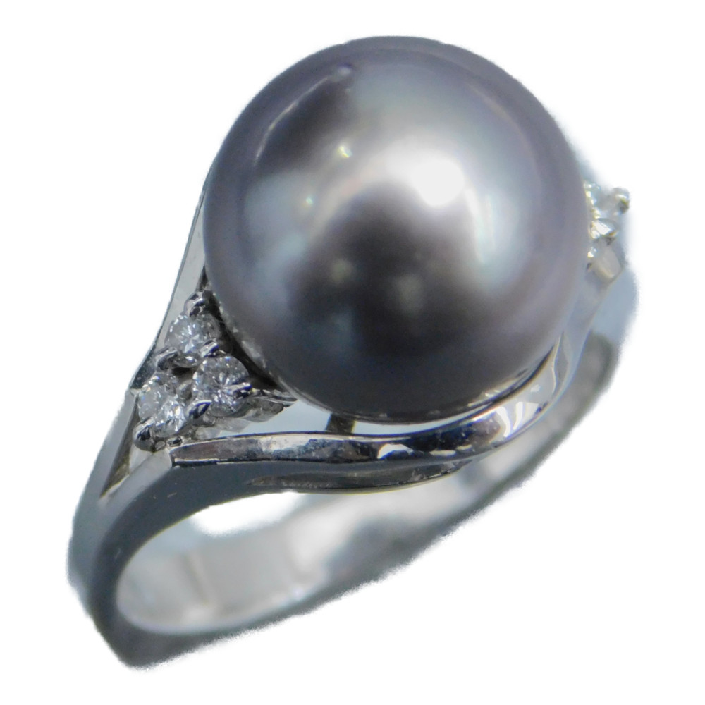 黒蝶パールリング 黒蝶パール9.5mm メレダイヤ0.12ct Pt900　7.0g　9号 美品　ギフト包装可　【中古】新居浜店