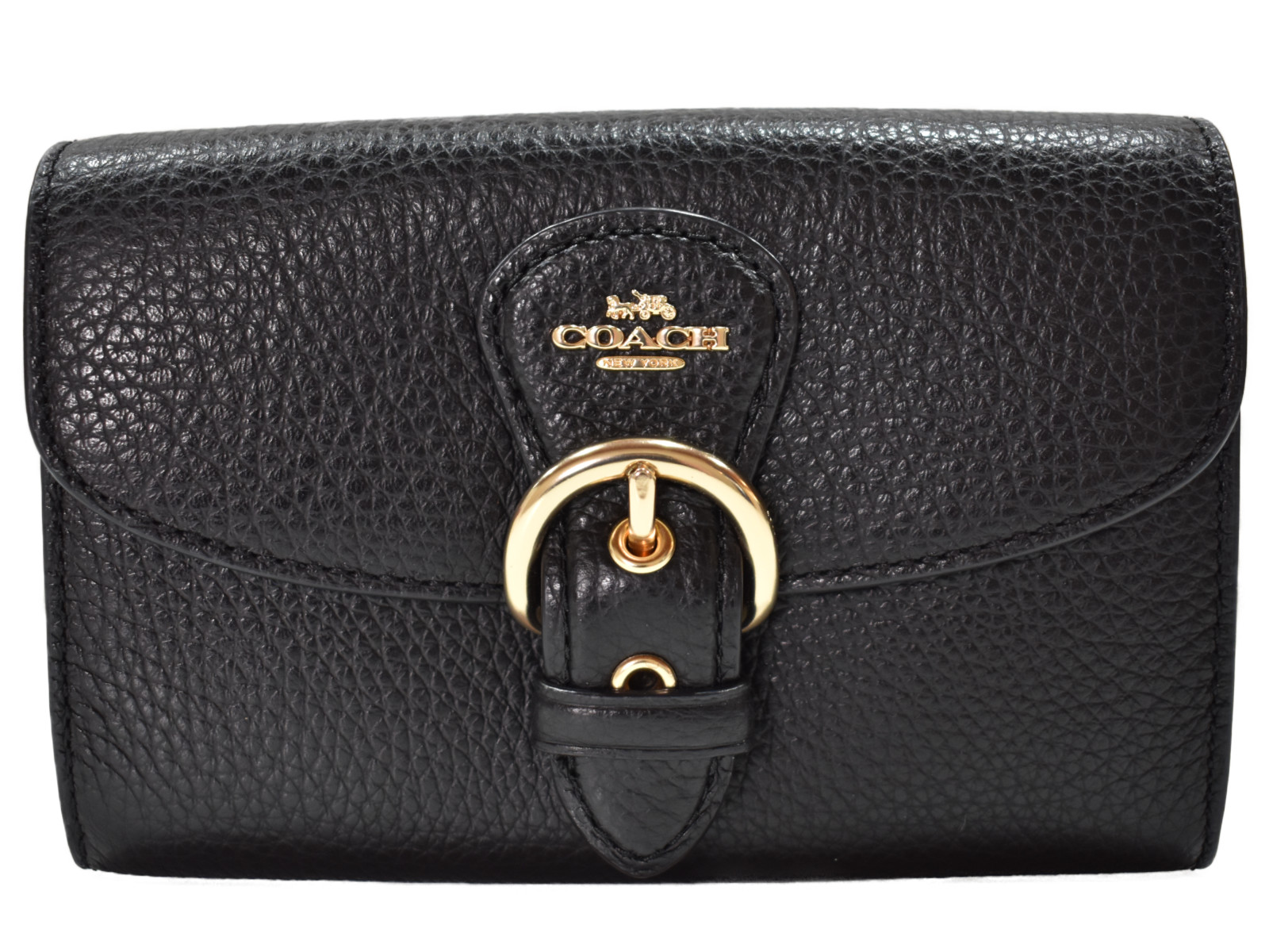 【☆未使用品☆】COACH　コーチ　レザーウォレット　レザー　ブラック　二つ折り財布　ウォレット　レディース　メンズ　ユニセックス　ゴールド金具　シンプル　ギフト　プレゼント包装可　【中古】　松山久万ノ台店