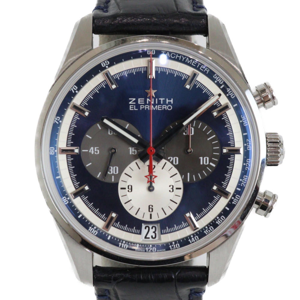【ギャラ有】ZENITH　ゼニス　エル・プリメロ36000VPH　03.2040.400/53.C700　自動巻き　クロノグラフ　デイト　SS　レザー　ネイビー　メンズ　腕時計【中古】松山朝生田店