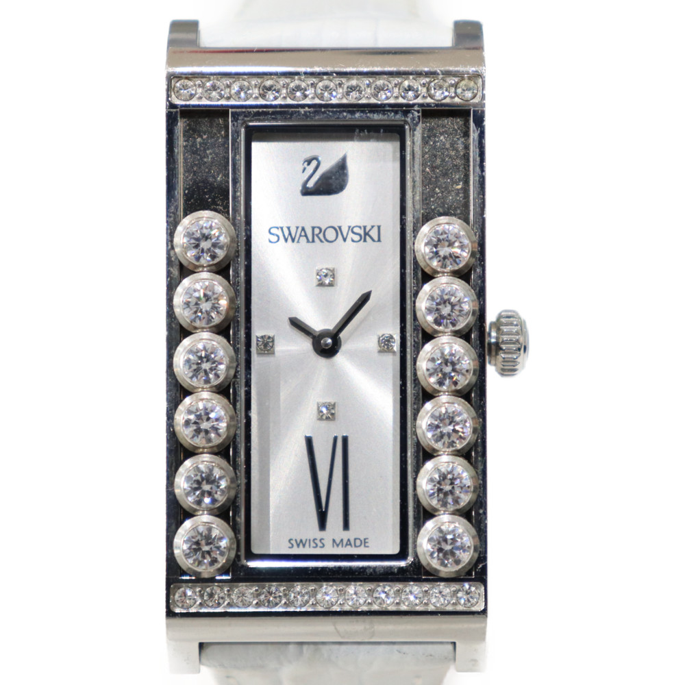 SWAROVSKI　スワロフスキー　クリスタルスクエアウォッチ　SS　ステンレススチール　革ベルト　クオーツ　スクエア　レディース　腕時計　ギフト　プレゼント包装可　【中古】　松山朝生田店