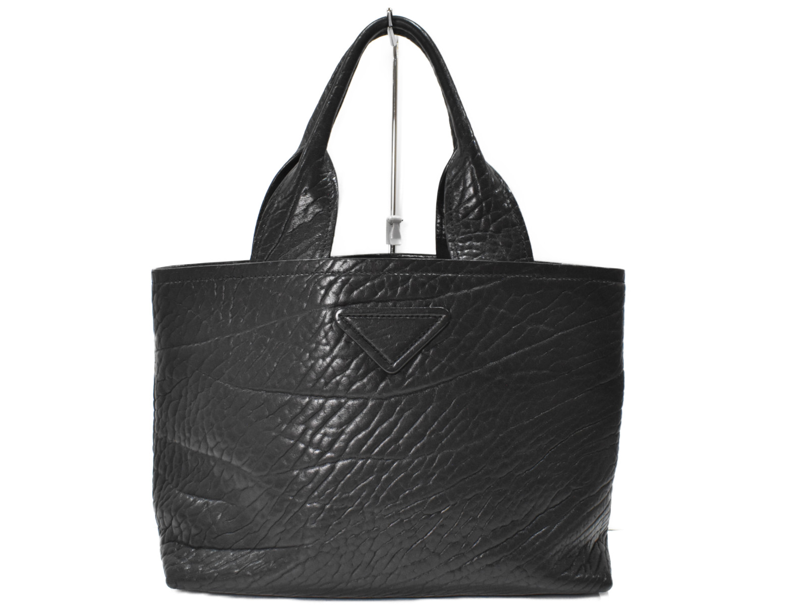 【PRADA】ロゴ型抜き ブラックレザートートバッグinポーチ付き PRADA 型抜きロゴ レザートートバッグ 黒 ポーチ付