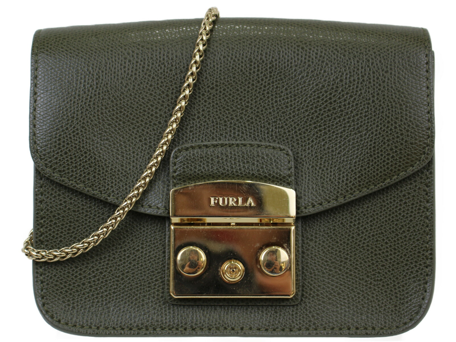 美品 FURLA カーキ 緑 レザー リュック バックパック チェーン ゴールド 美品 FURLA カーキ 緑 レザー リュック バックパック チェーン