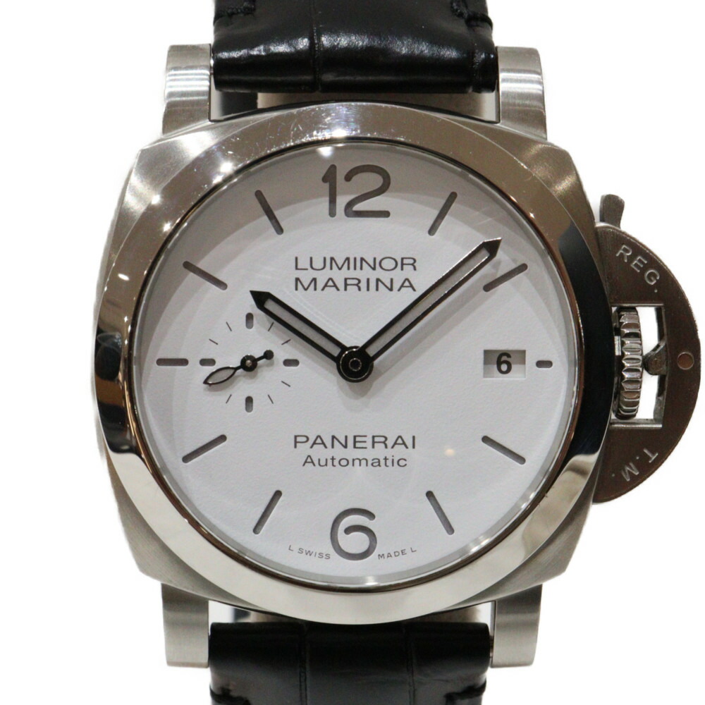 【替えベルト有】OFFICINE PANERAI オフィチーネ・パネライ ルミノールマリーナ クアランタ PAM01271 自動巻き デイト SS 革ベルト ホワイト ブラック ブラウン メンズ レディース ボーイズ 腕時計 ウォッチ プレゼント包装【中古】松山朝生田店