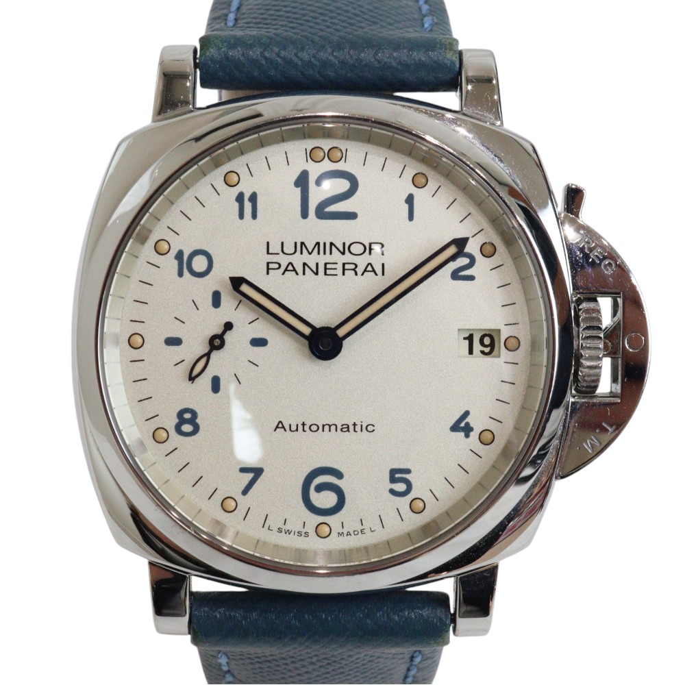【ギャラあり】OFFICINE PANERAI オフィチーネ パネライ　ルミノール1950 ドゥエ 3DAYS アッチャイオ　PAM00903　自動巻き　デイト　スモールセコンド　SS　レザー　アイボリー　ブルー　レディース　ボーイズ　腕時計　ウォッチ　プレゼント包装【中古】松前R56号店