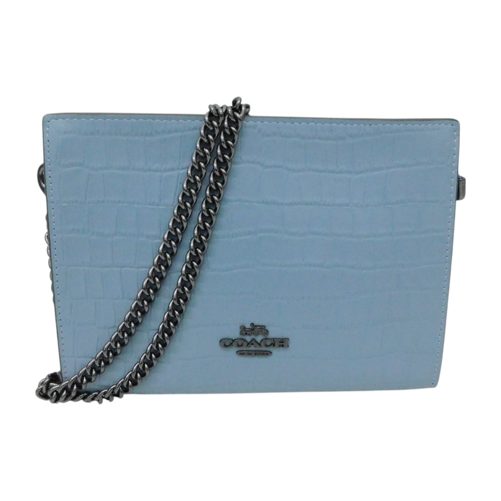COACH コーチ　チェーンスリムショルダーバッグ　CR237　クロコダイル柄　ライトブルー　水色　コーンフラワー　チェーンストラップ取り外し可　ミニバッグ　レディース　ギフト　プレゼント包装可【中古】新居浜店